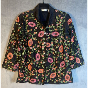 Laura Ashley Blouse Jacket Button Floral Embroidered Silk Black Lined 3/4‎